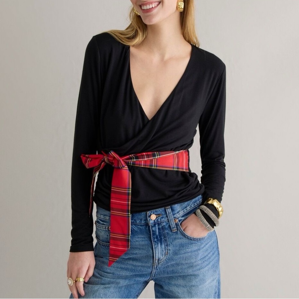 J. Crew Black & Red Plaid Long Sleeve Wrap Top Small